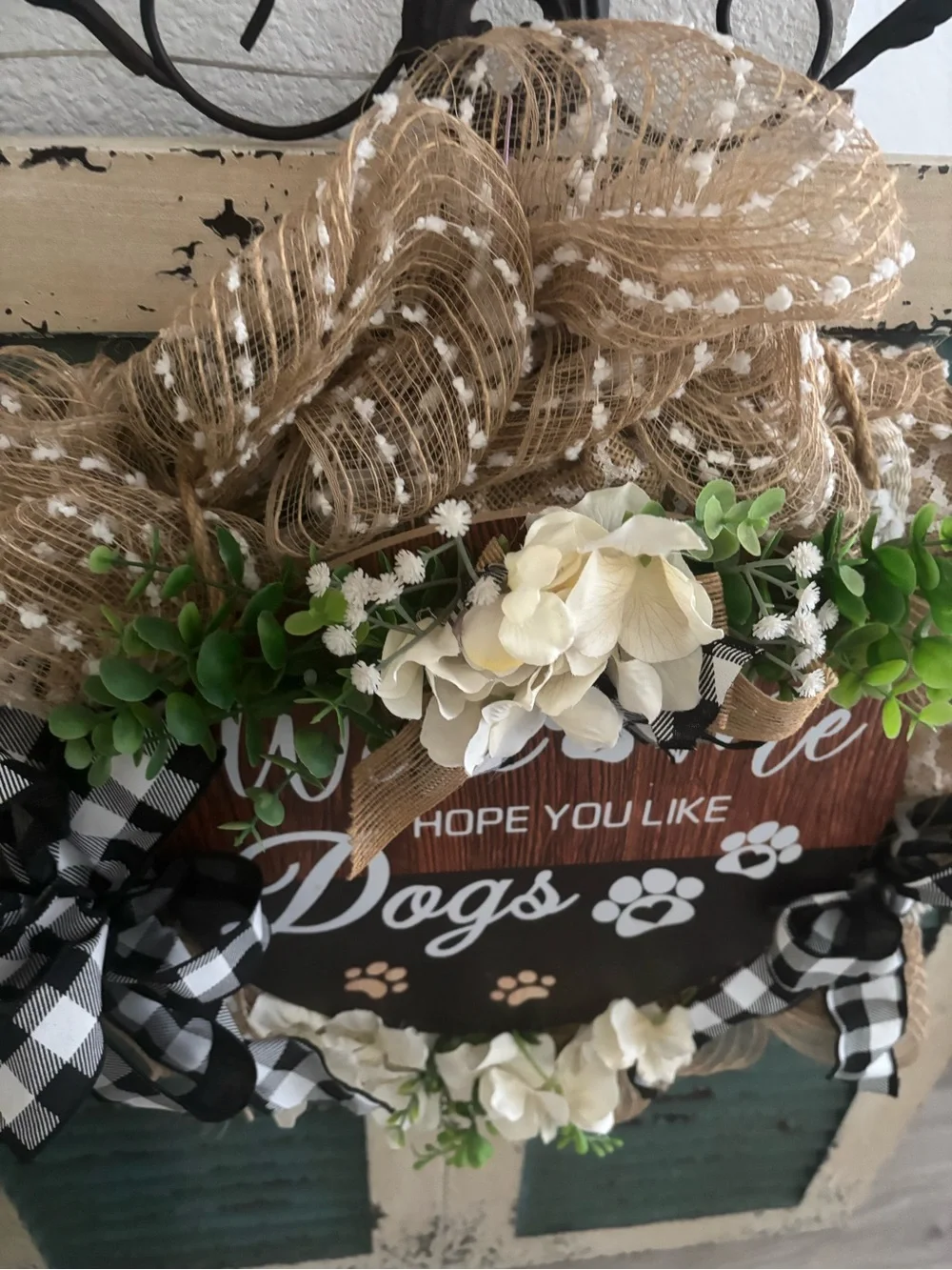 “Welcome” Hope You Like Dogs Burlap Mesh Floral Wreath Custom Design Final Sale